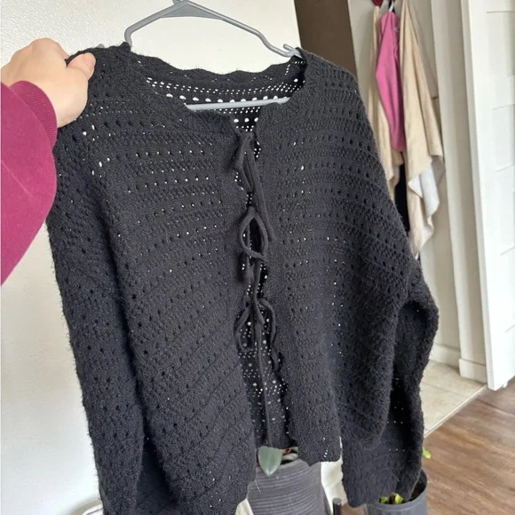 Tie Front Cardigan Scallop Crewneck Long Sleeve Knit Sweater - Picture 6 of 7